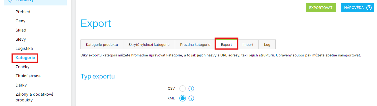 Export kategori&iacute; ze Shoptetu