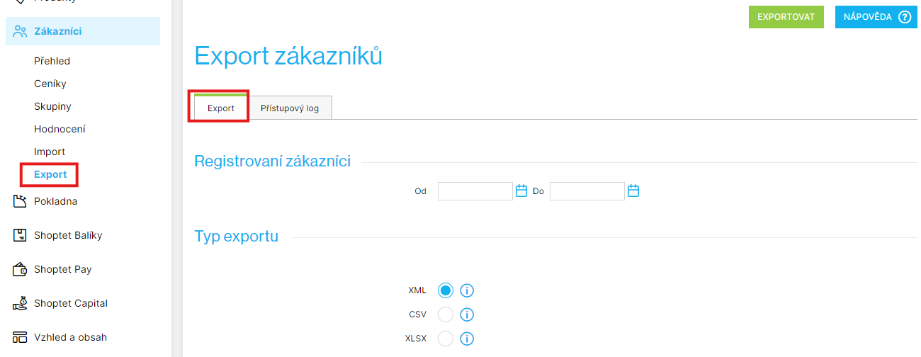 Export z&aacute;kazn&iacute;ků e-shopu ze Shoptetu