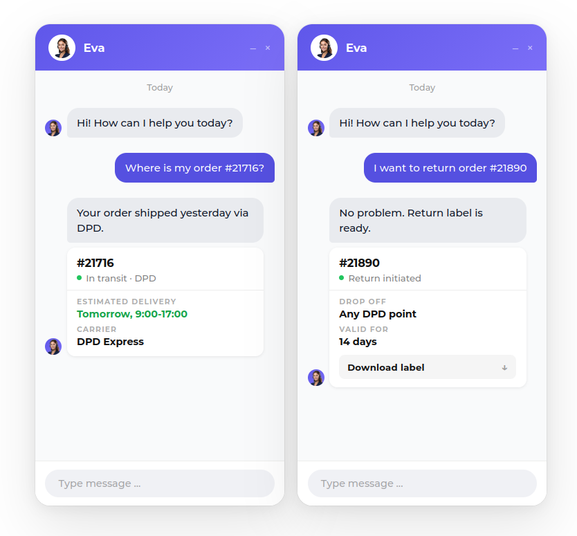 Chatbot odpovedá na otázku k objednávke a doručeniu