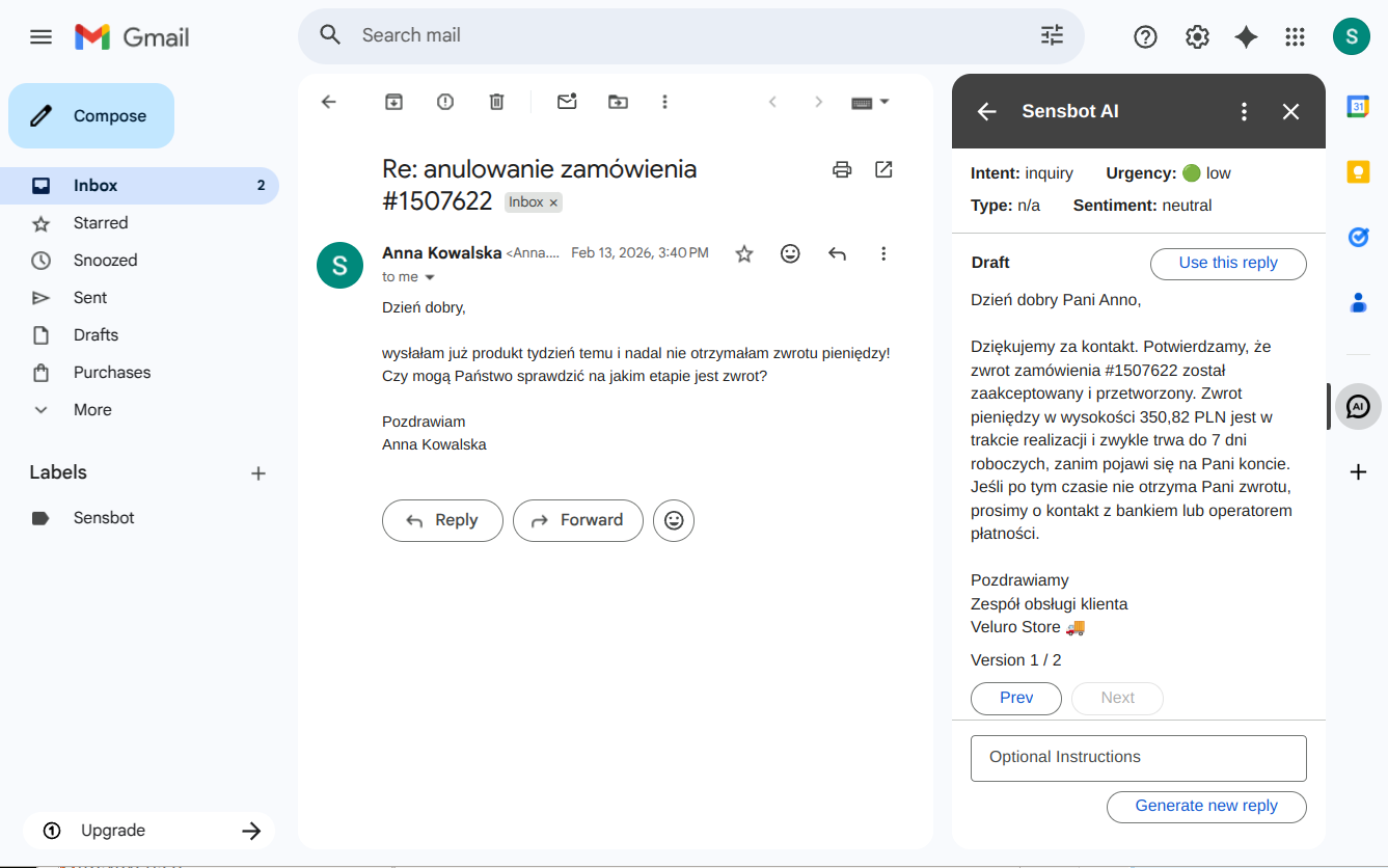Panel Sensbot v Gmaile s navrhnutou odpoveďou